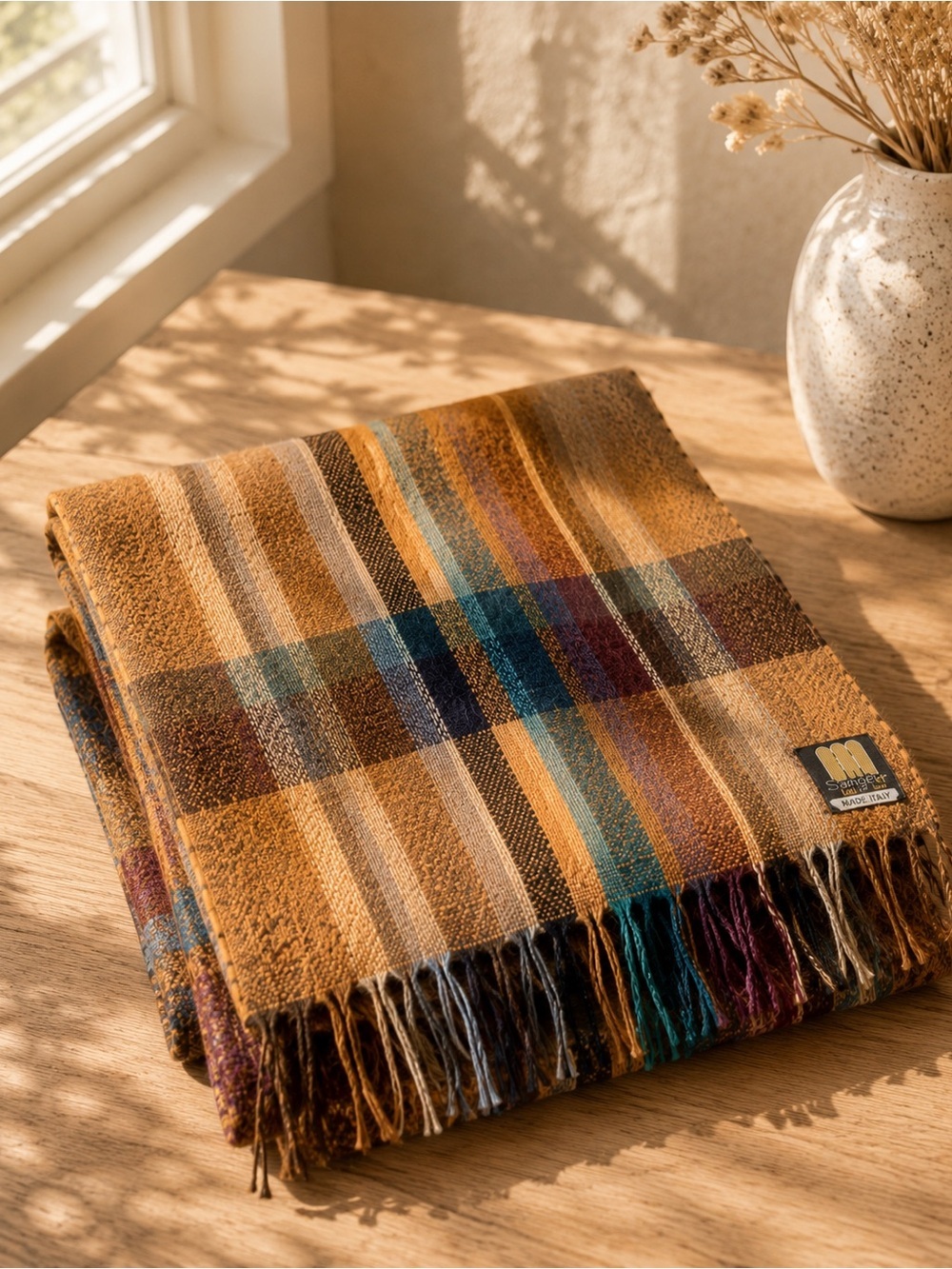 Vintage Sanger-Harris Italian Wool Plaid Scarf 70” Academia Fringe